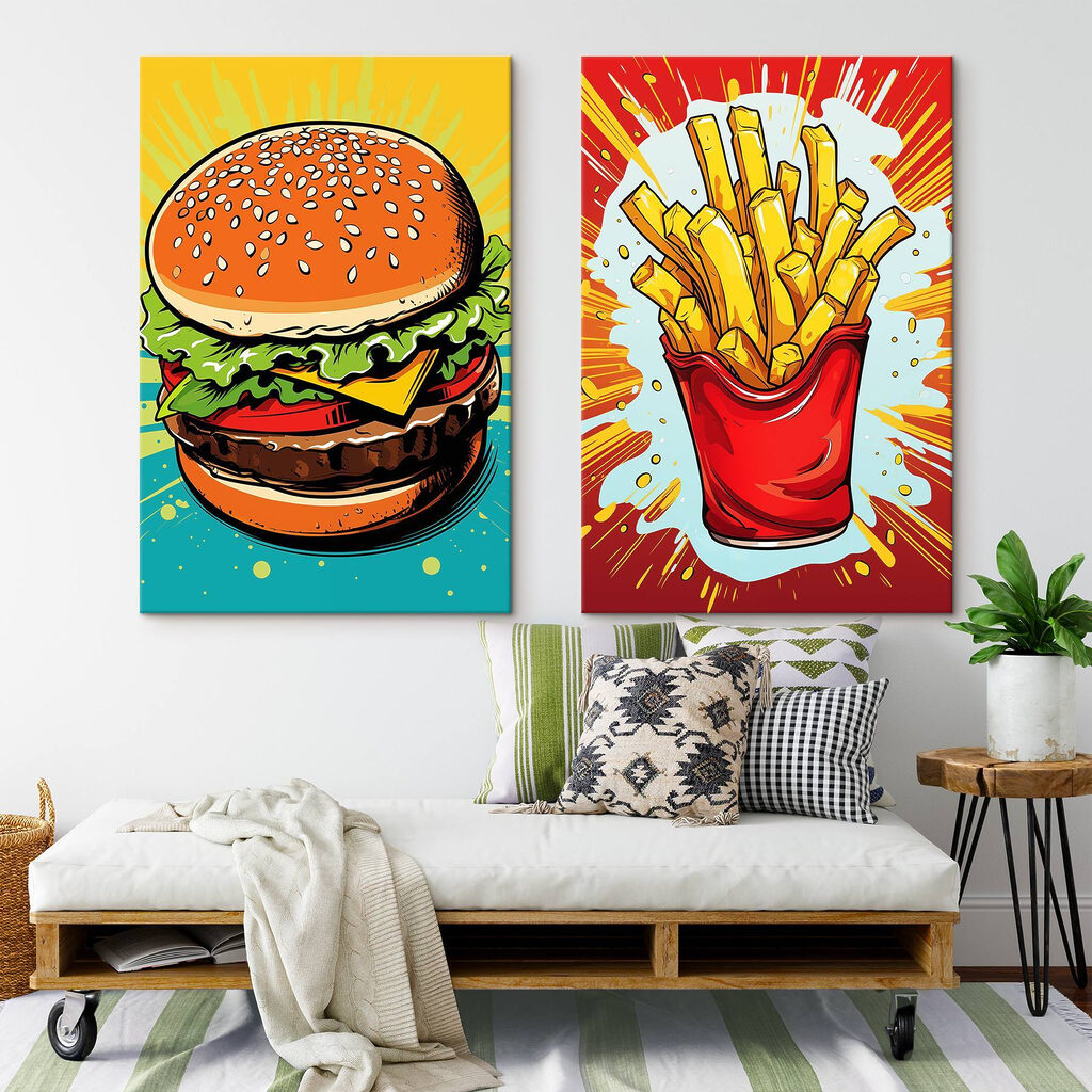 Hamburger și cartofi într-un interior