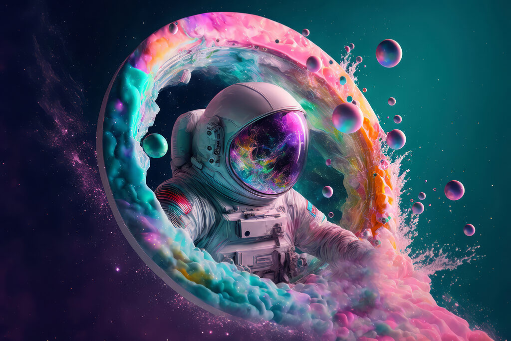 Astronaut în ceață colorată — design complet