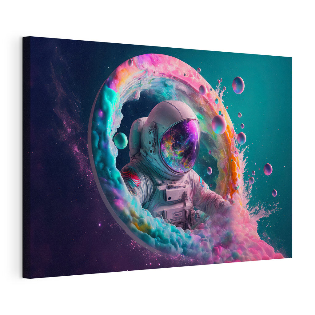 Astronaut în ceață colorată, tablou pe pânză întinsă, cu margine continuă
