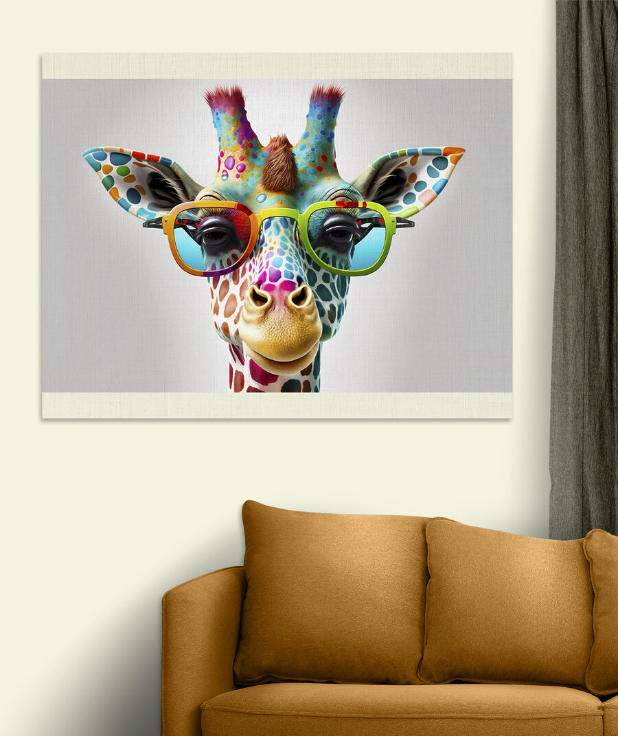 Girafă cu ochelari într-un interior