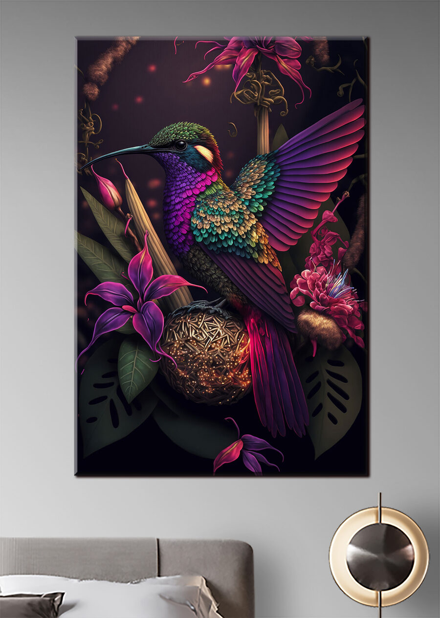 Colibri printre flori întunecate într-un interior