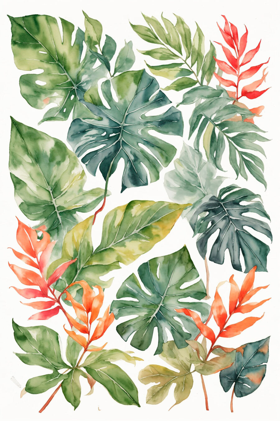 Ramuri tropicale pe alb — design complet