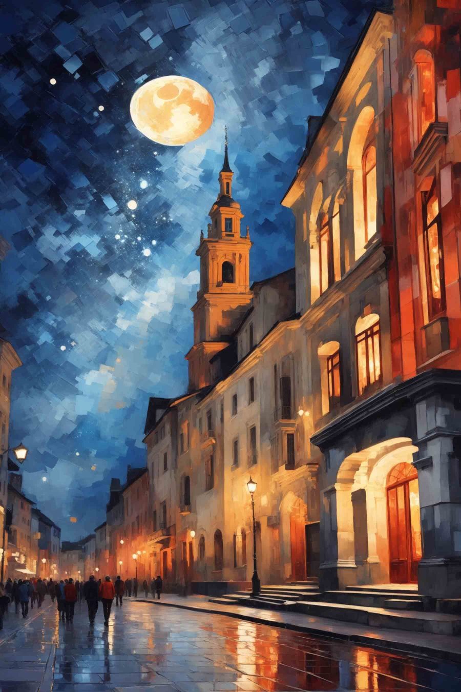 Lună peste fațade luminate — design complet