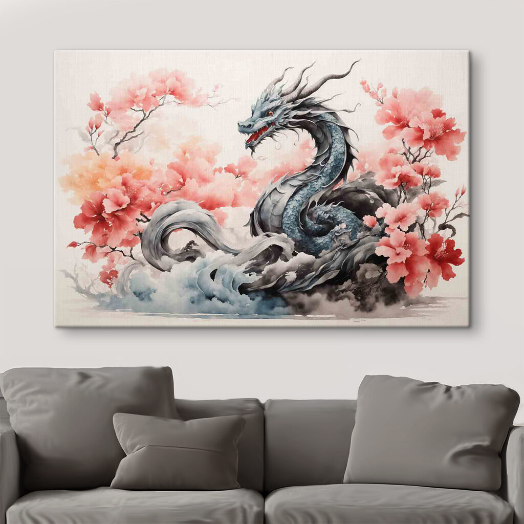 Dragon printre ramuri roz într-un interior
