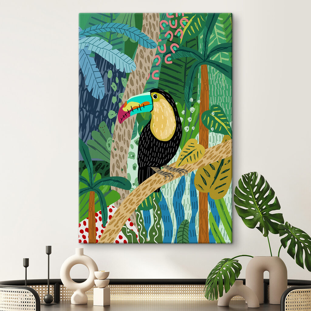 Tucan printre frunze desenate — interior 1
