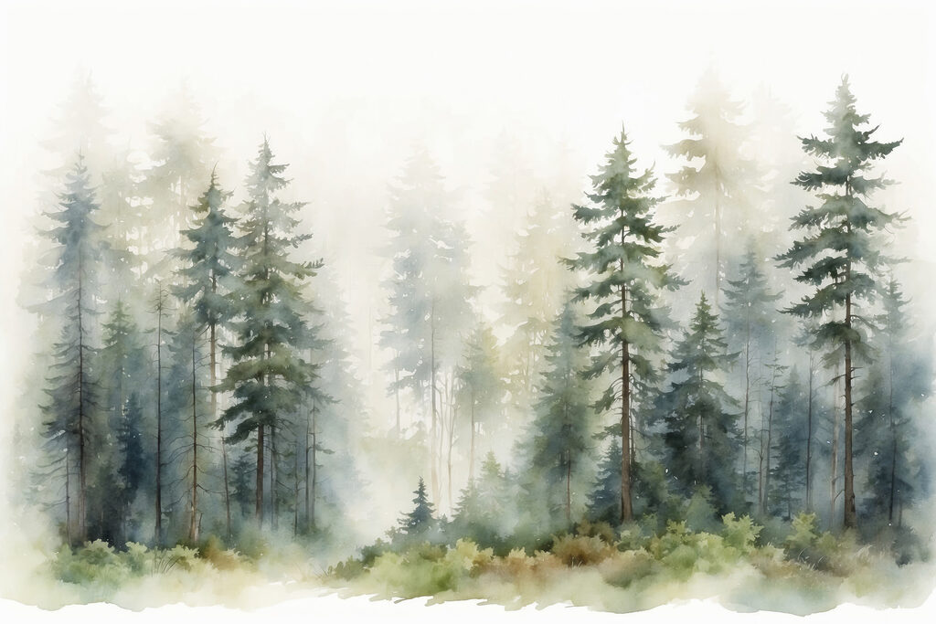 Conifere în ceață verde — design complet