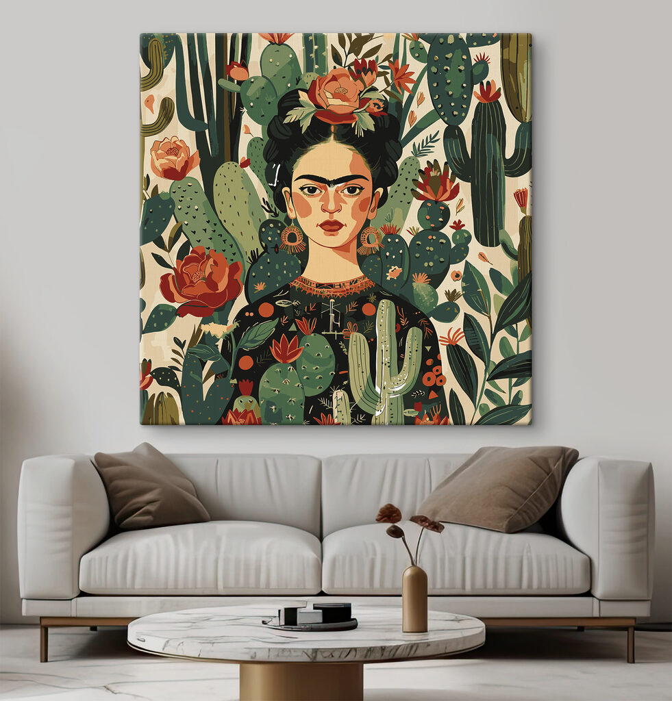 Frida și flori roșii într-un interior