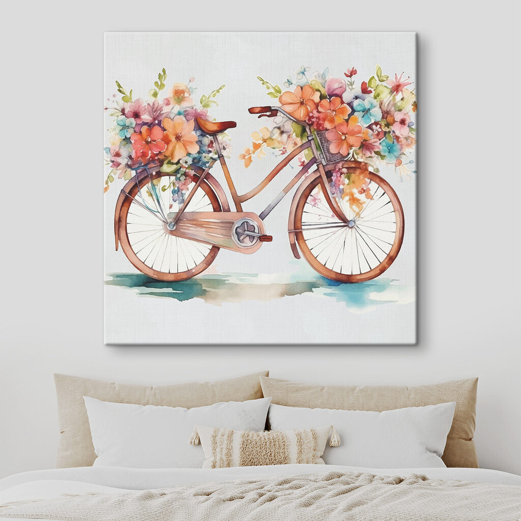 Bicicletă plină de flori într-un interior