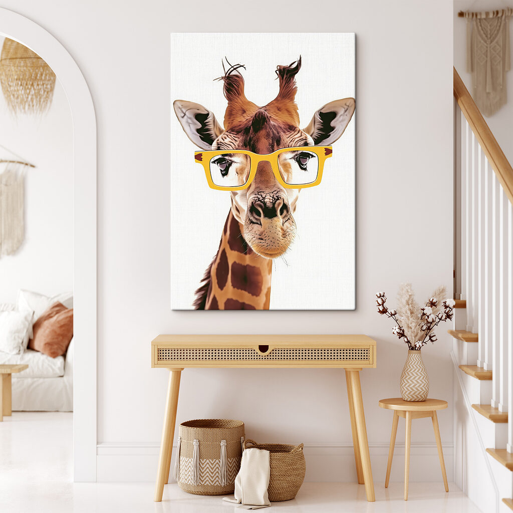Girafă cu ochelari galbeni într-un interior