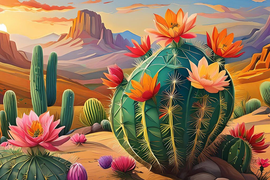 Cactuși înfloriți în deșert — design complet