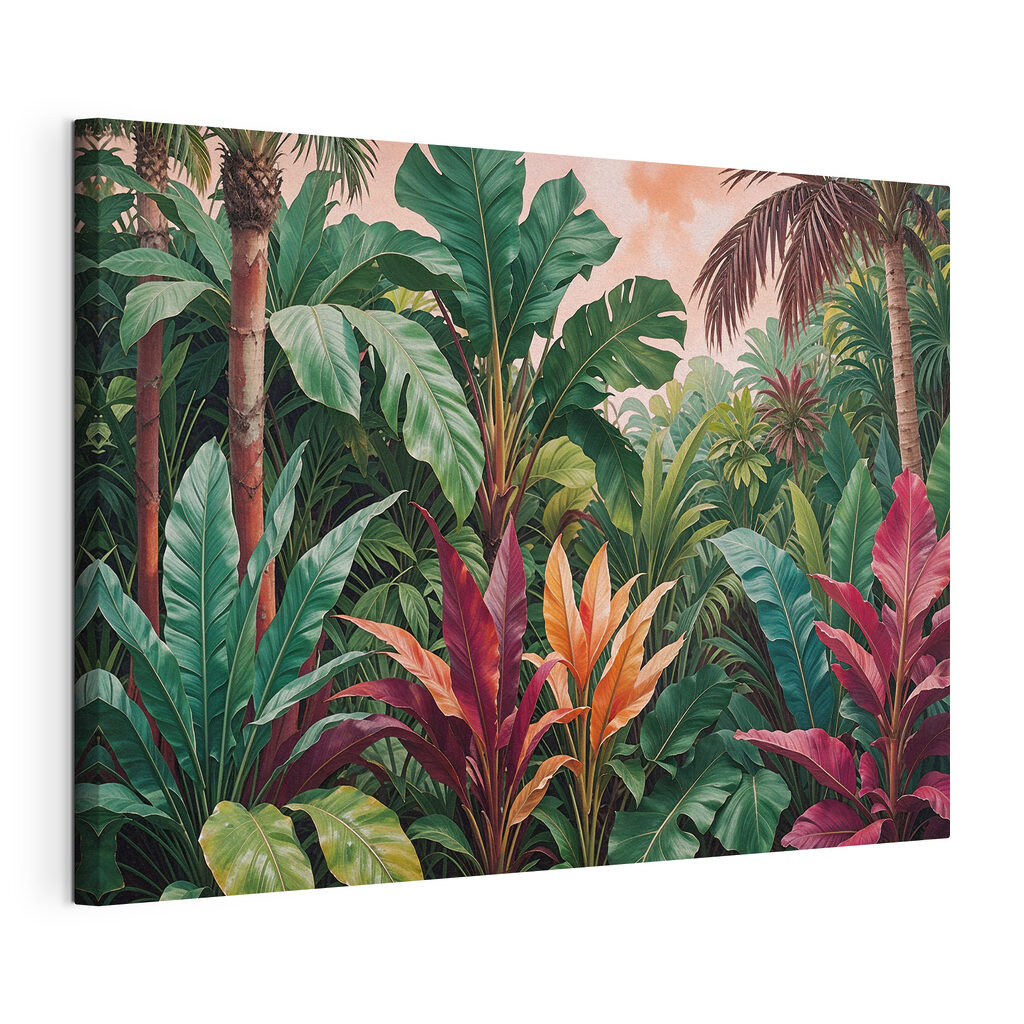 Prin frunze tropicale, tablou pe pânză întinsă, cu margine continuă