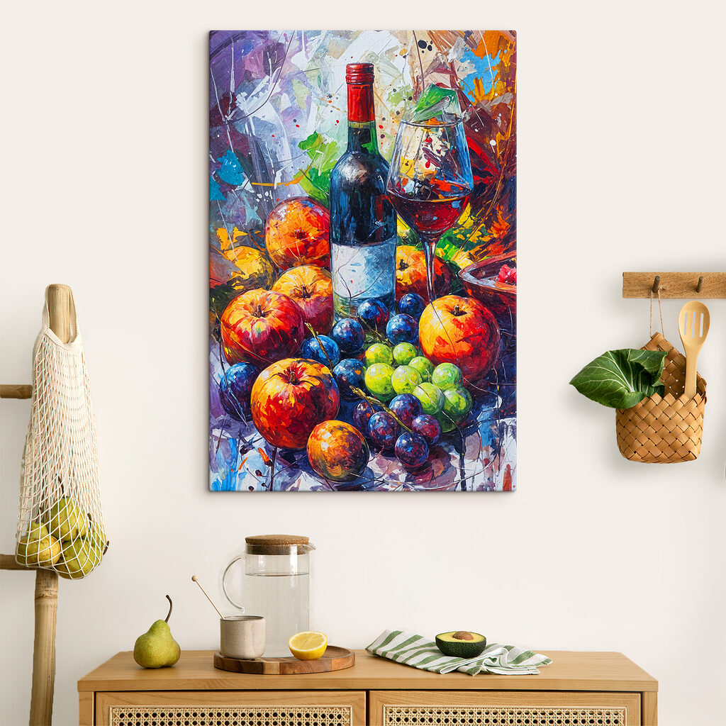 Vin printre fructe colorate într-un interior