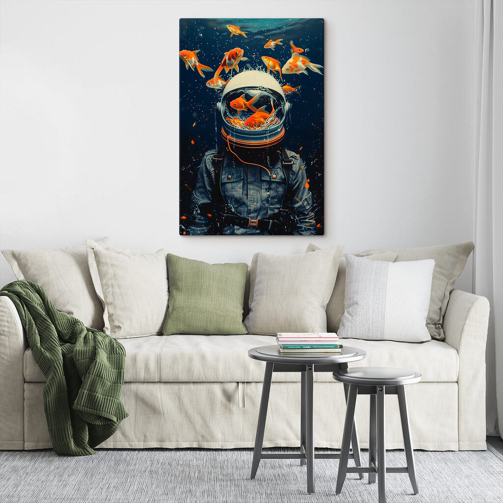 Astronaut printre pești într-un interior