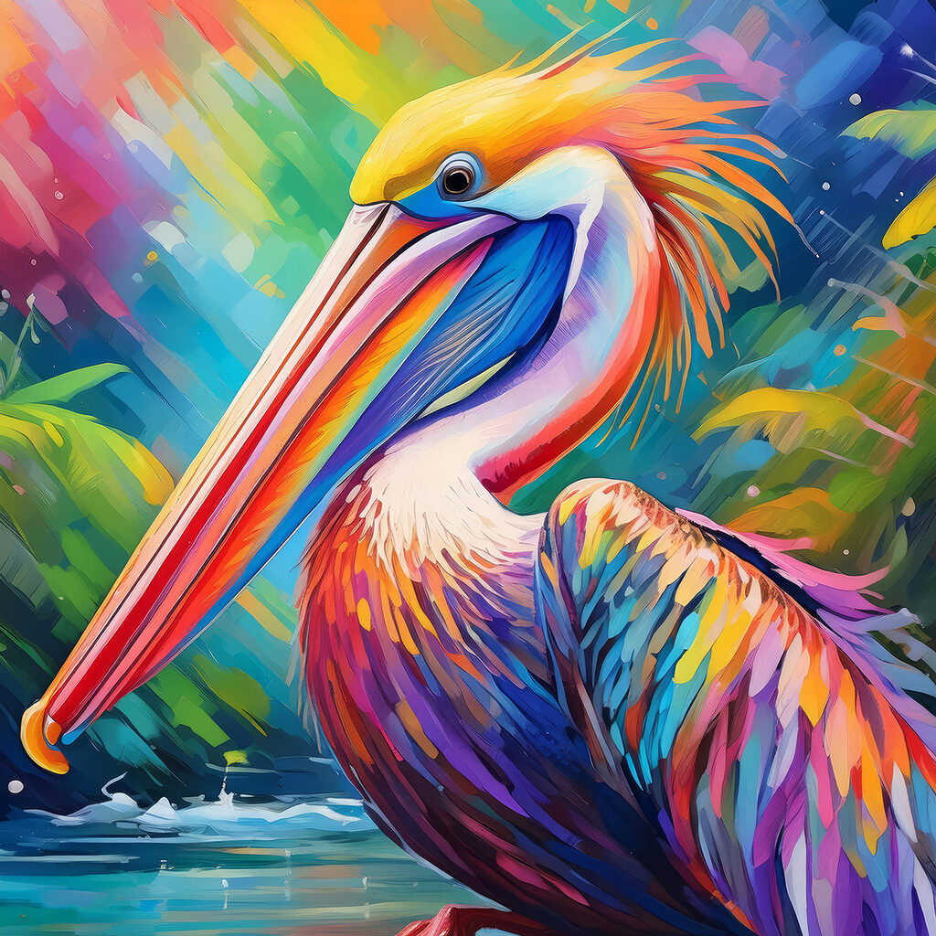 Pelican în culori stropite — design complet
