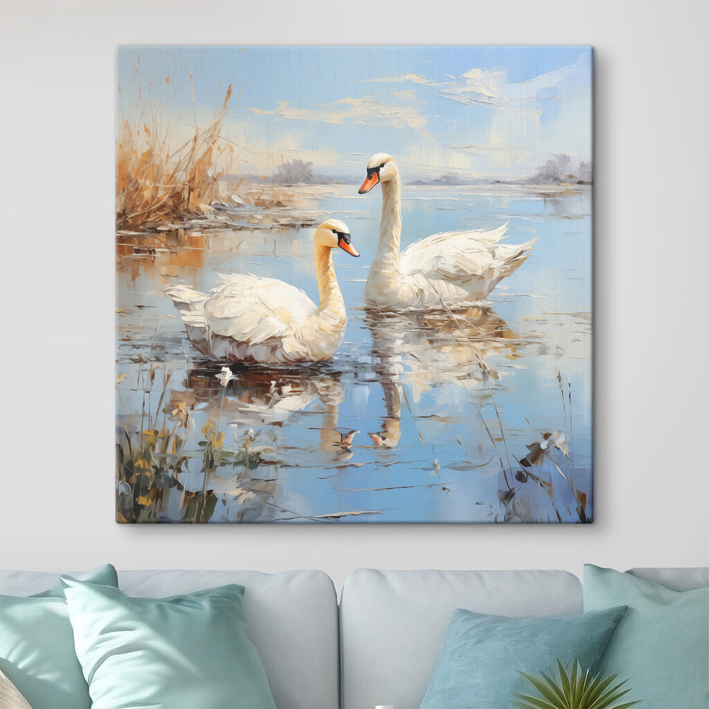 Lebede pe lac primăvăratic într-un interior