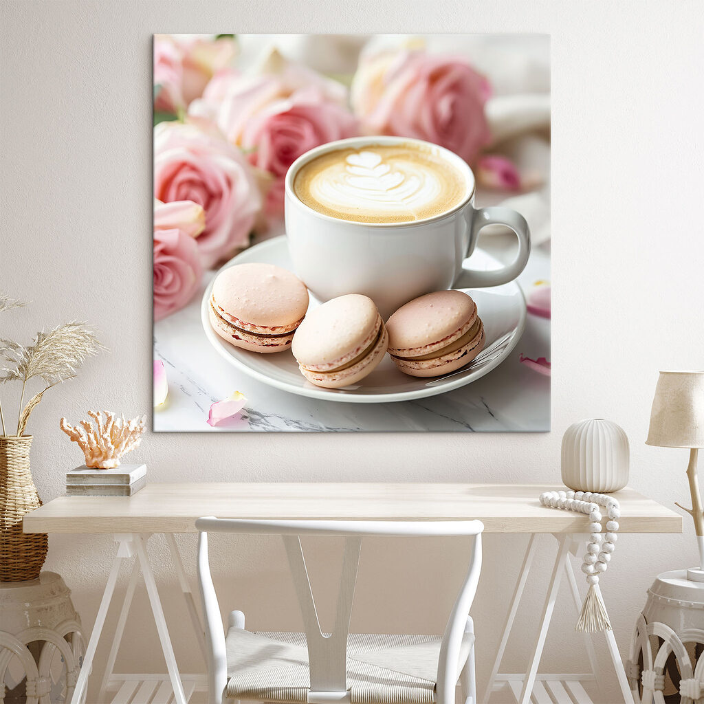 Cappuccino cu macarons într-un interior