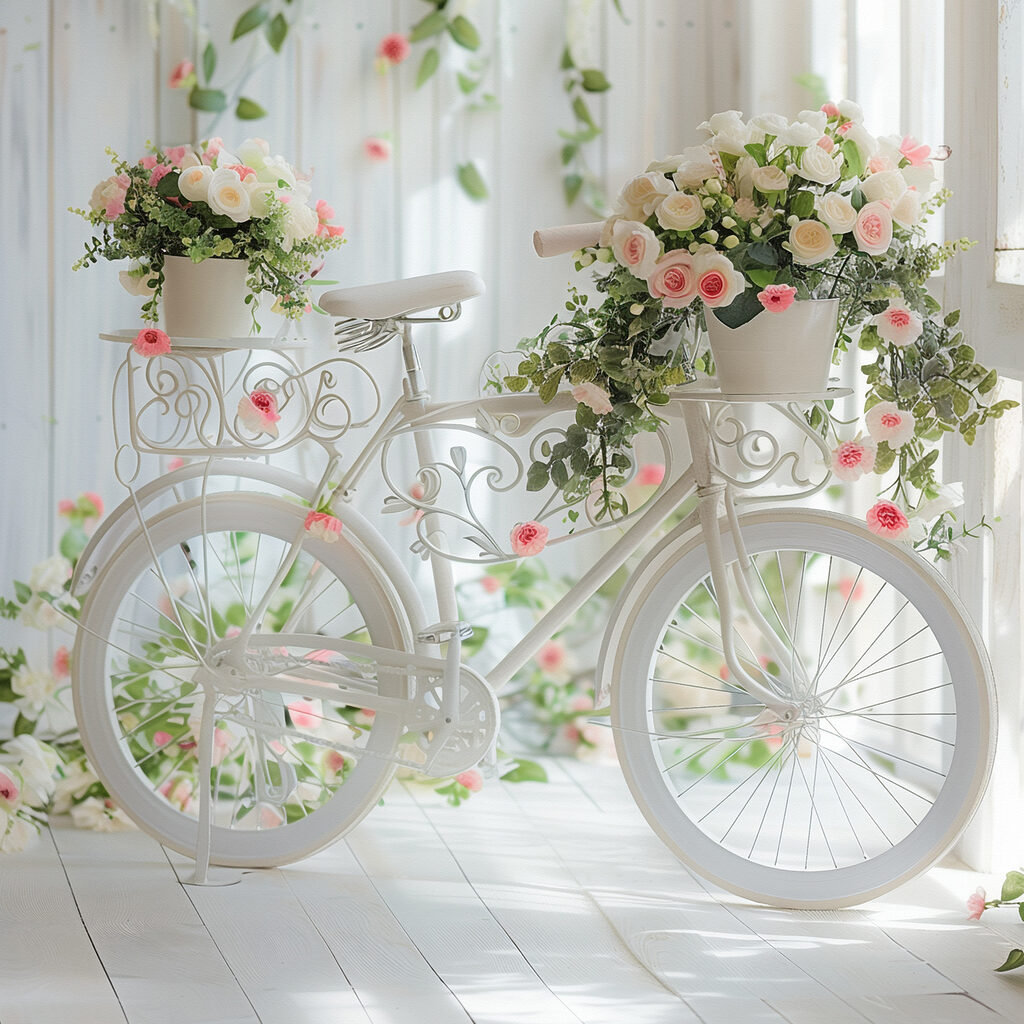 Bicicletă albă, flori roz — design complet
