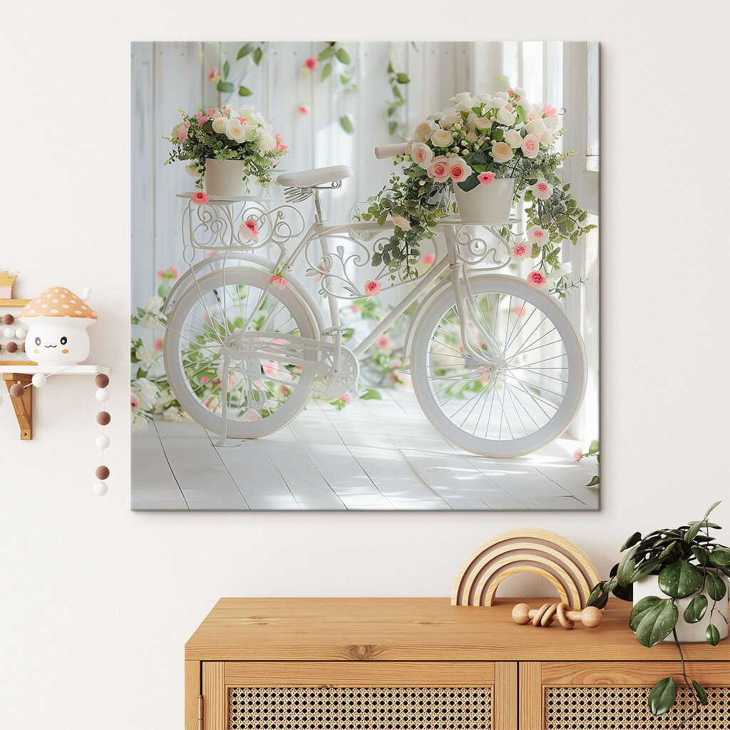Bicicletă albă, flori roz — interior 2