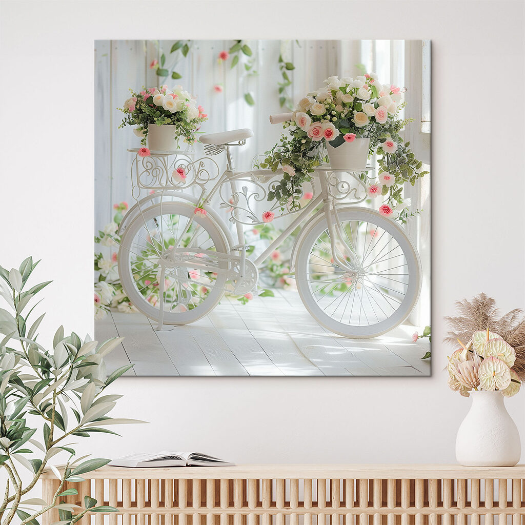 Bicicletă albă, flori roz într-un interior
