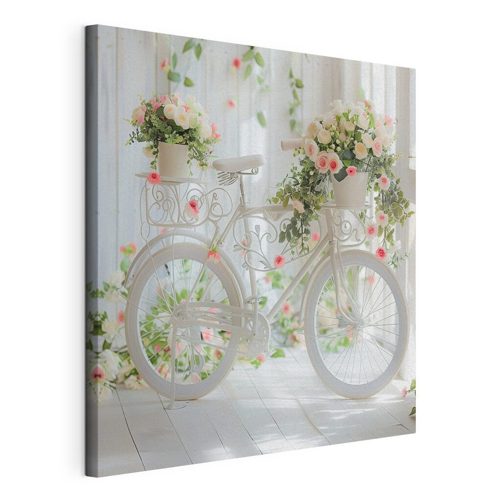 Bicicletă albă, flori roz, tablou pe pânză întinsă, cu margine continuă