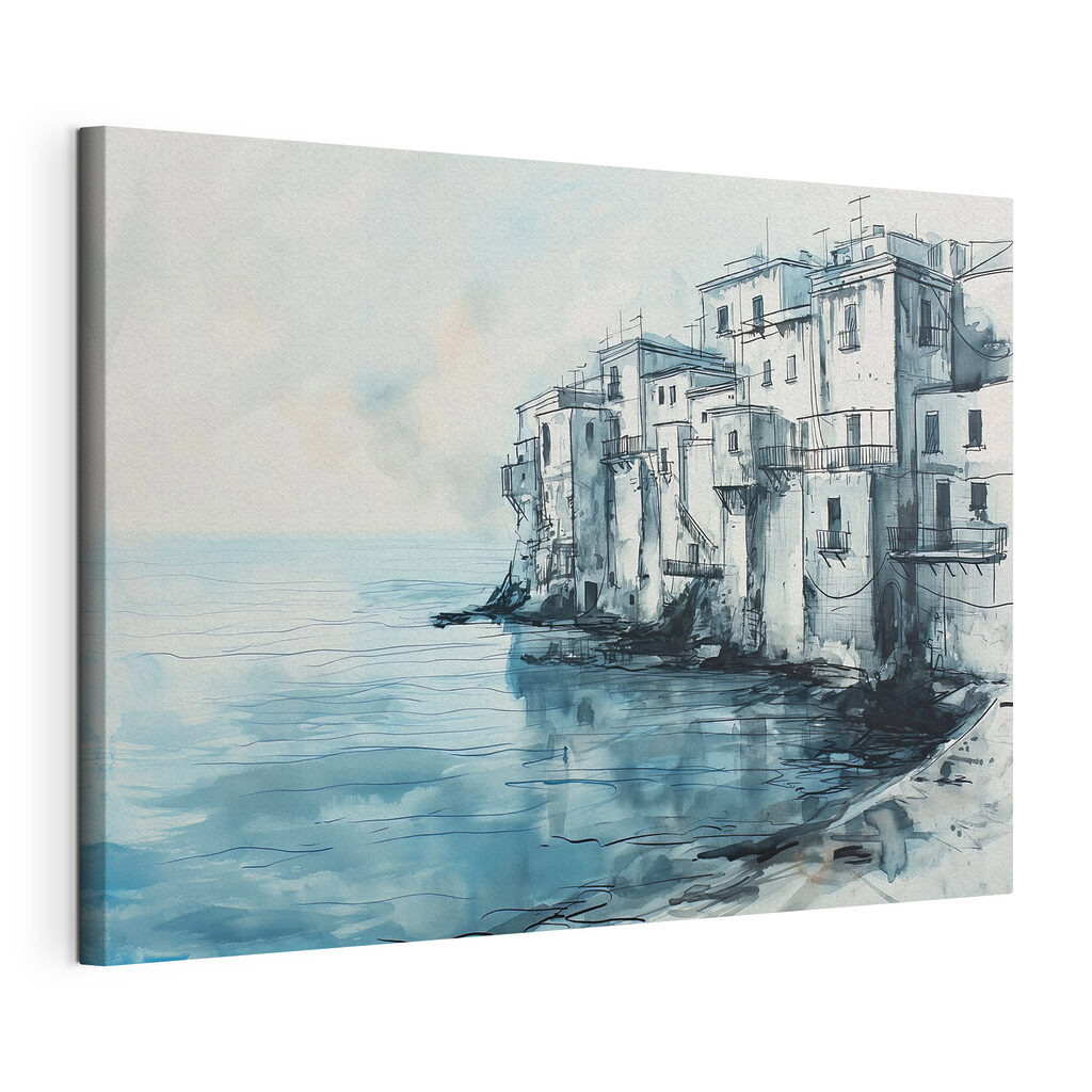 Case palide lângă apă, tablou pe pânză întinsă, cu margine continuă