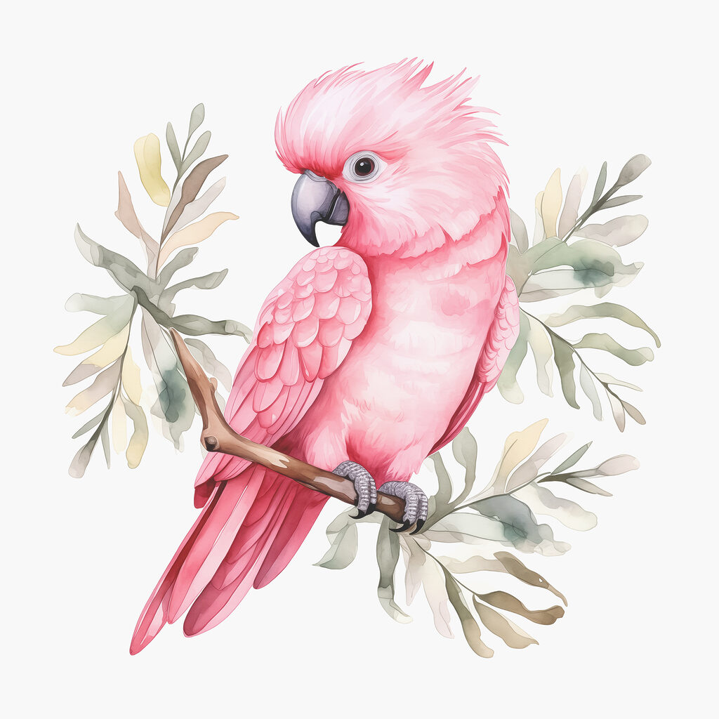 Cacadu roz pe ramură — design complet