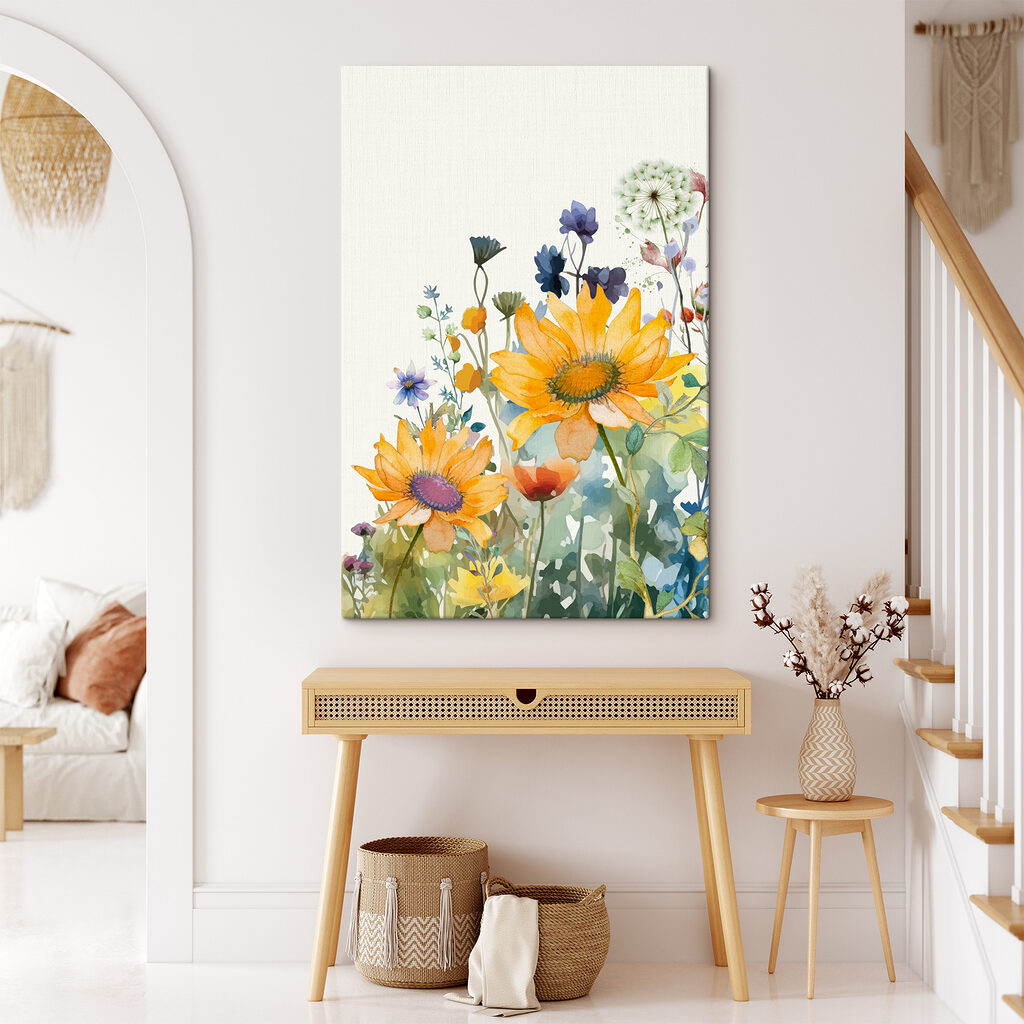 Floarea-soarelui printre flori albastre într-un interior