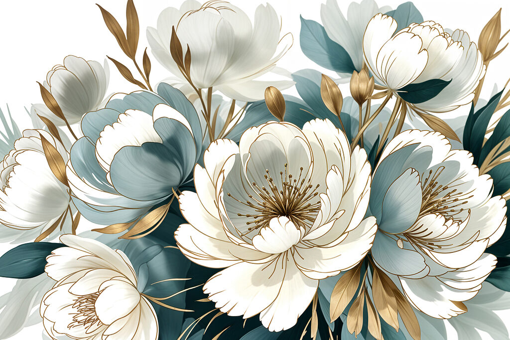 Flori albe, umbre albastre — design complet