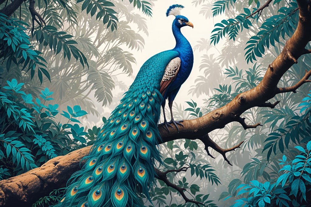 Păun pe ramură tropicală — design complet