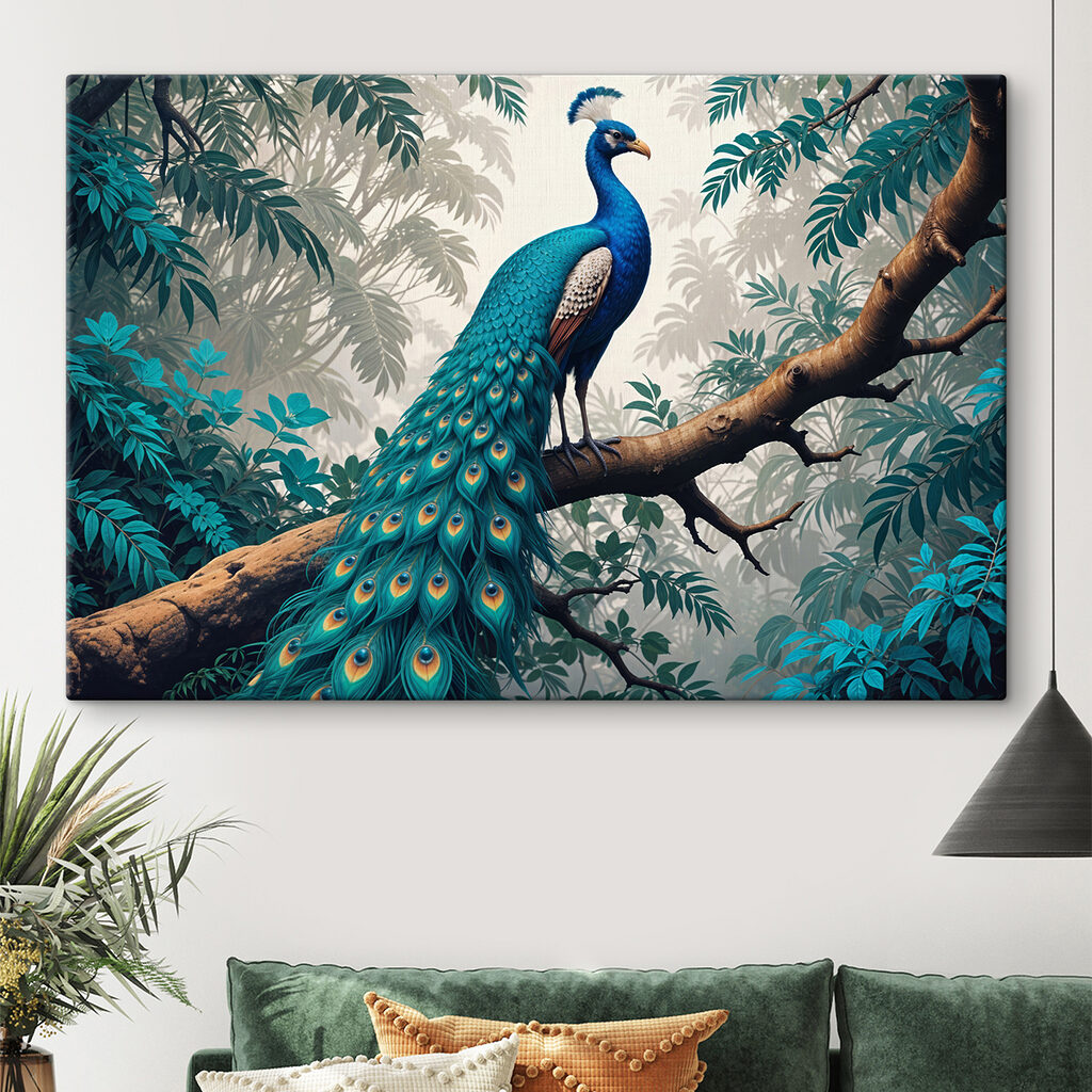 Păun pe ramură tropicală într-un interior