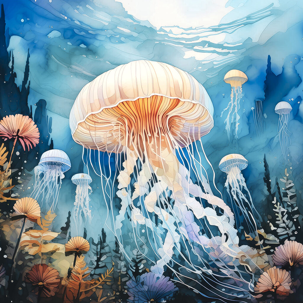 Meduze printre corali — design complet