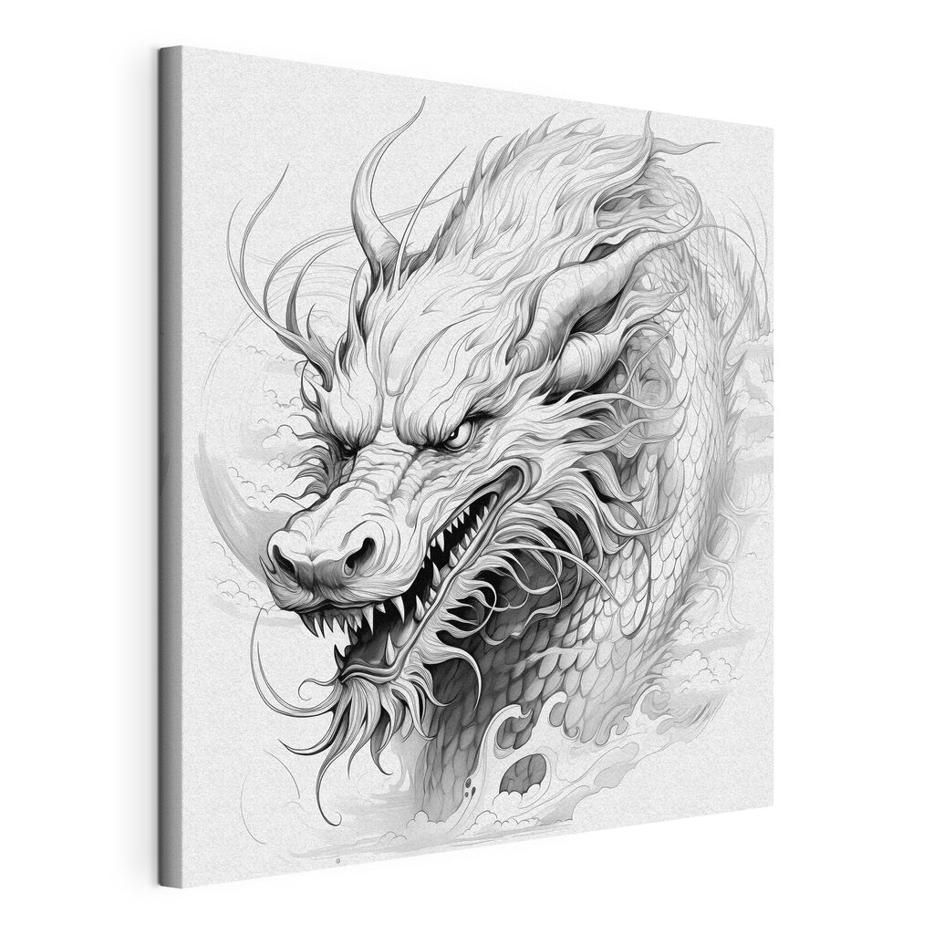 Cap de dragon desenat, tablou pe pânză întinsă, cu margine continuă