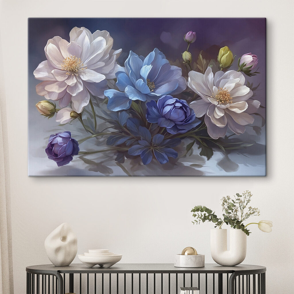 Flori albe, fundal violet — interior 1