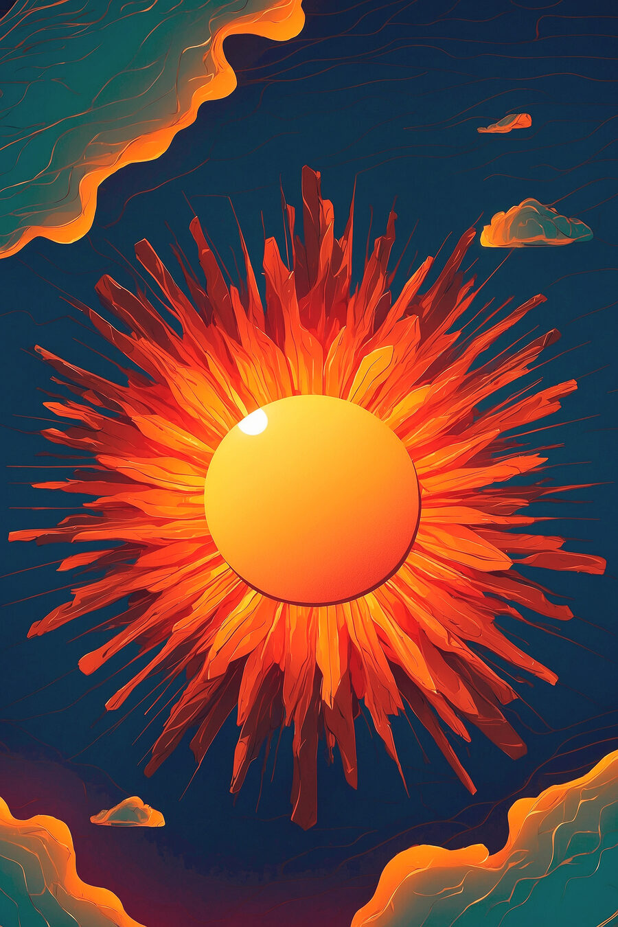 Soare cu raze aprinse — design complet