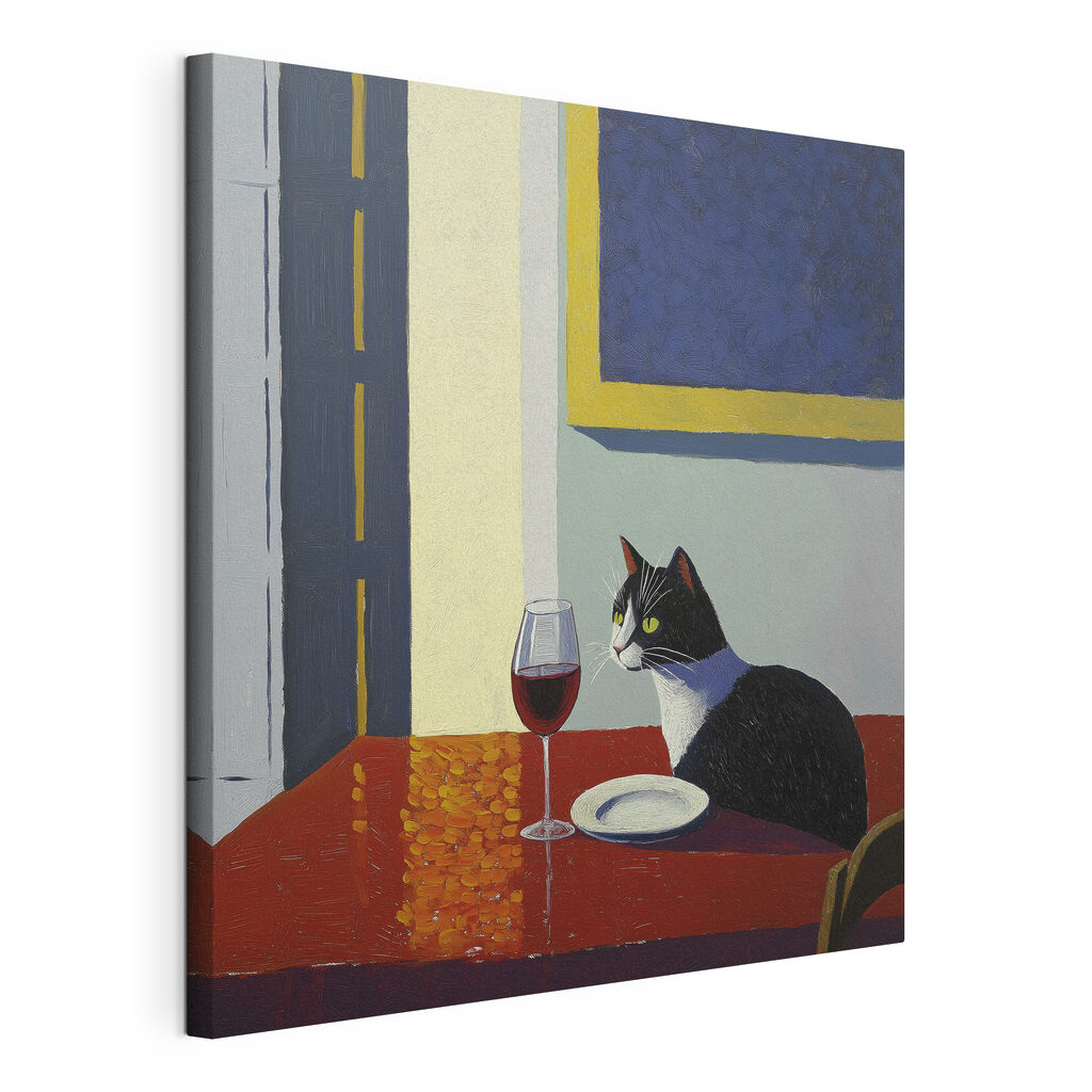 Pisică la vin, tablou pe pânză întinsă, cu margine continuă