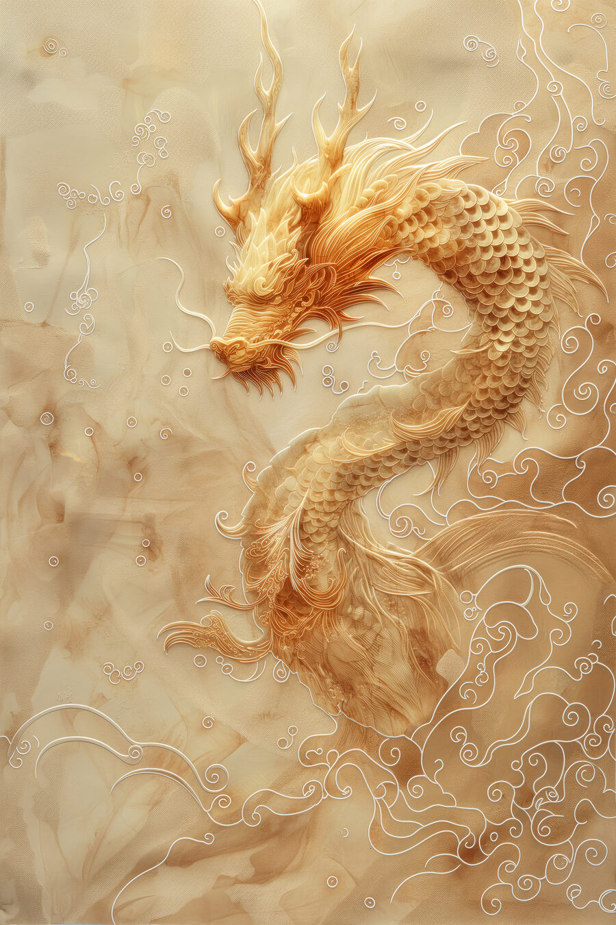Dragon în nori aurii — design complet
