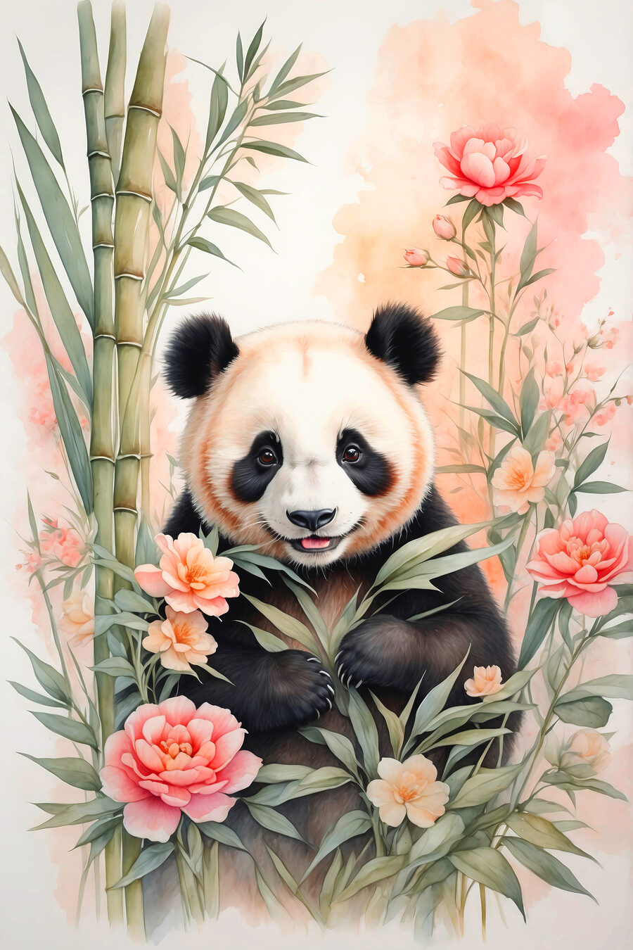 Panda printre flori roz — design complet