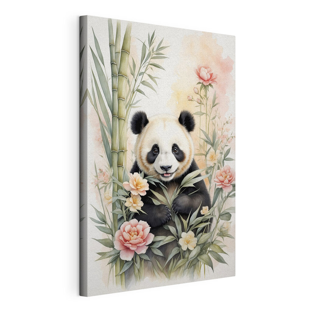 Panda printre flori roz, tablou pe pânză întinsă, cu margine continuă