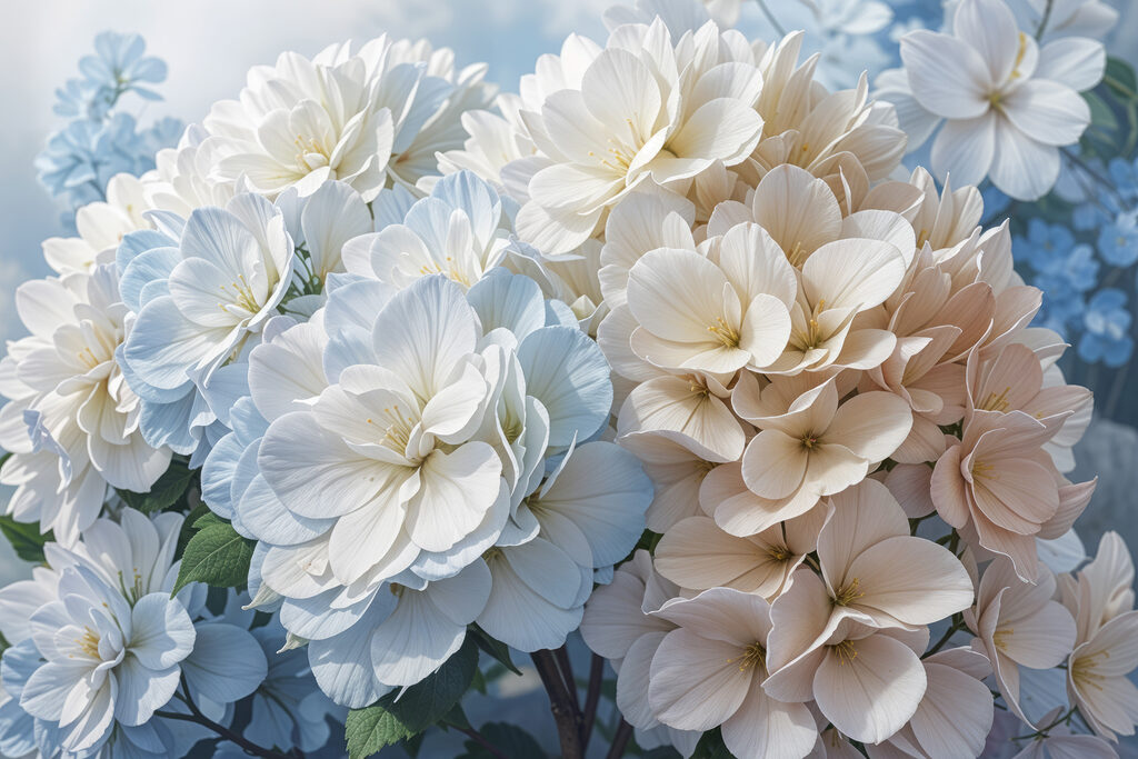 Hortensii albe pe albastru — design complet