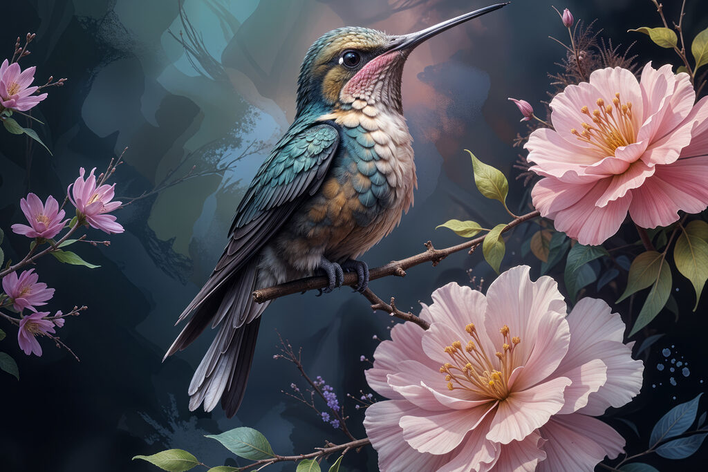 Colibri printre bujori — design complet