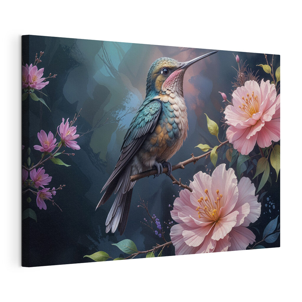 Colibri printre bujori, tablou pe pânză întinsă, cu margine continuă