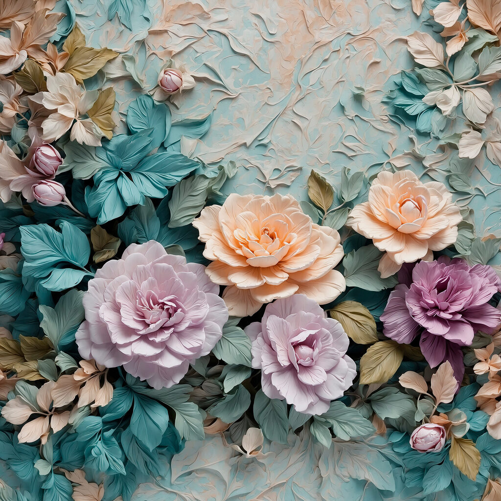 Flori pastelate între frunze — design complet