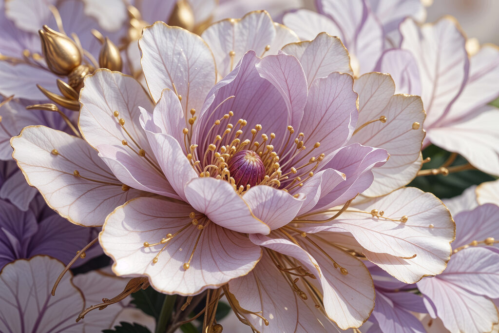 Floare lila, nervuri aurii — design complet