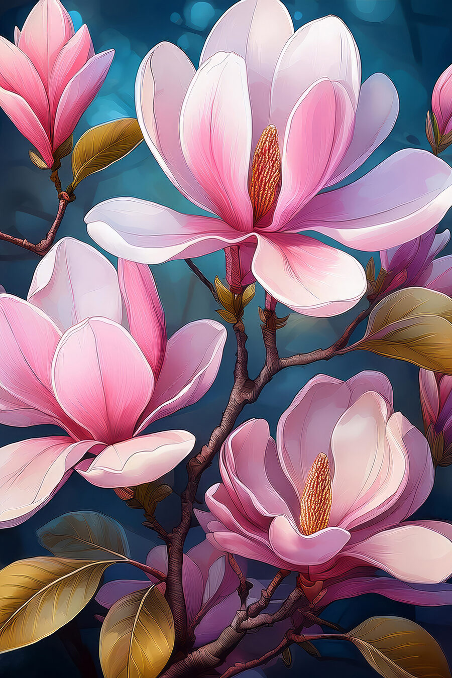 Magnolie roz pe albastru — design complet
