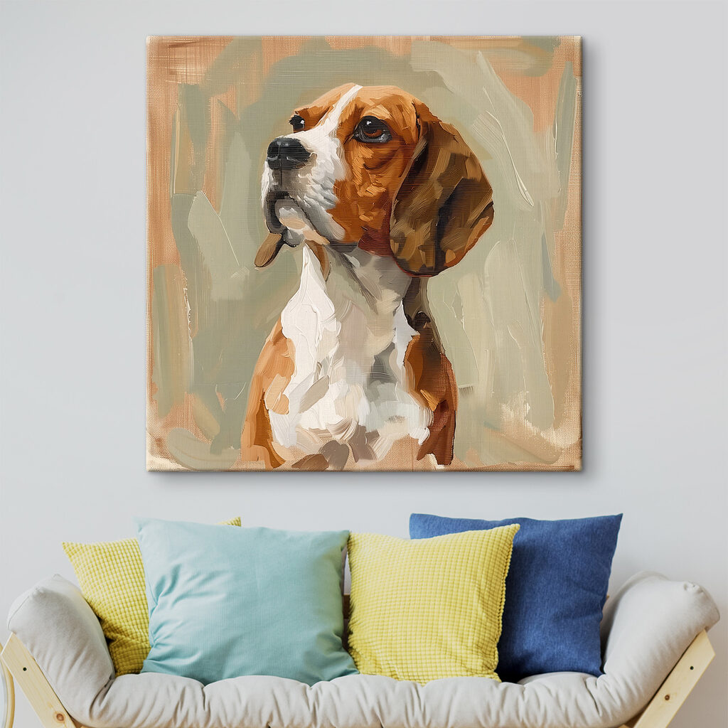 Beagle în tușe libere într-un interior