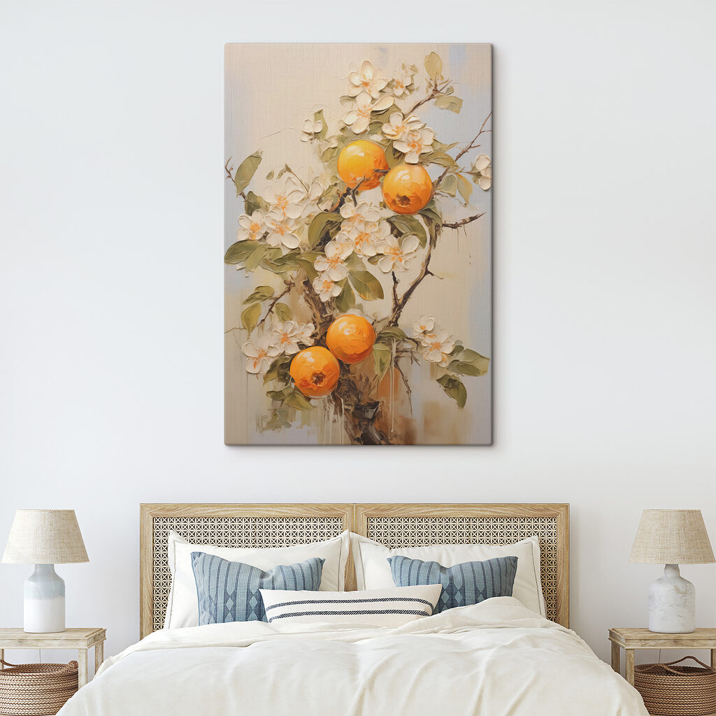 Portocale printre flori albe într-un interior