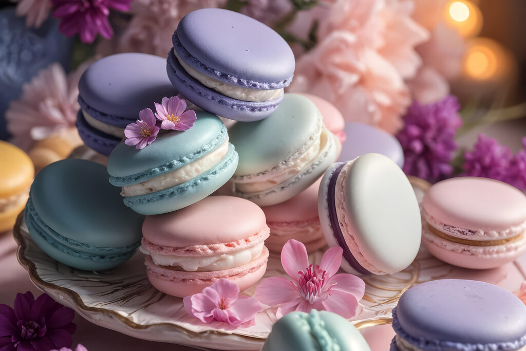 Macarons printre flori lila — design complet