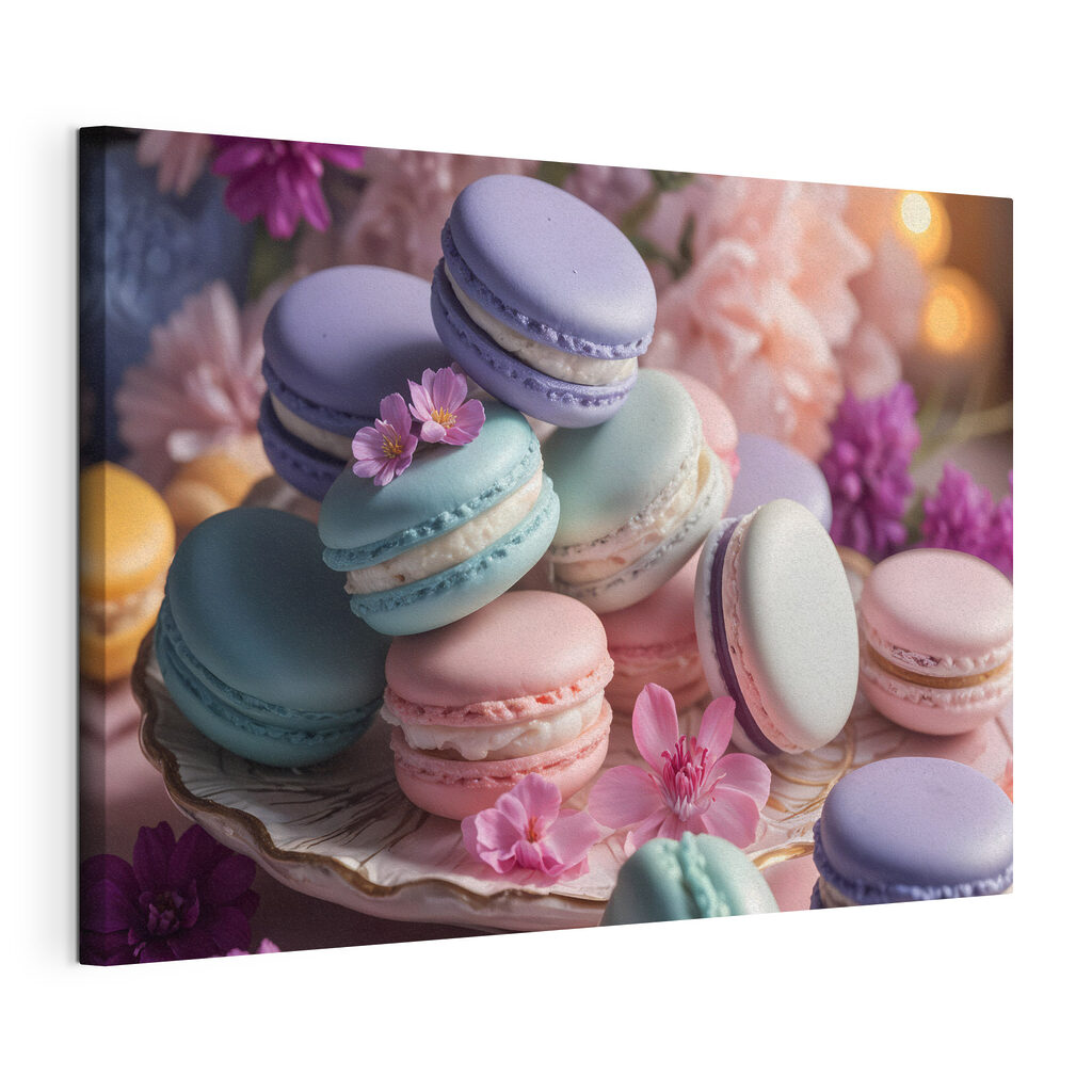 Macarons printre flori lila, tablou pe pânză întinsă, cu margine continuă