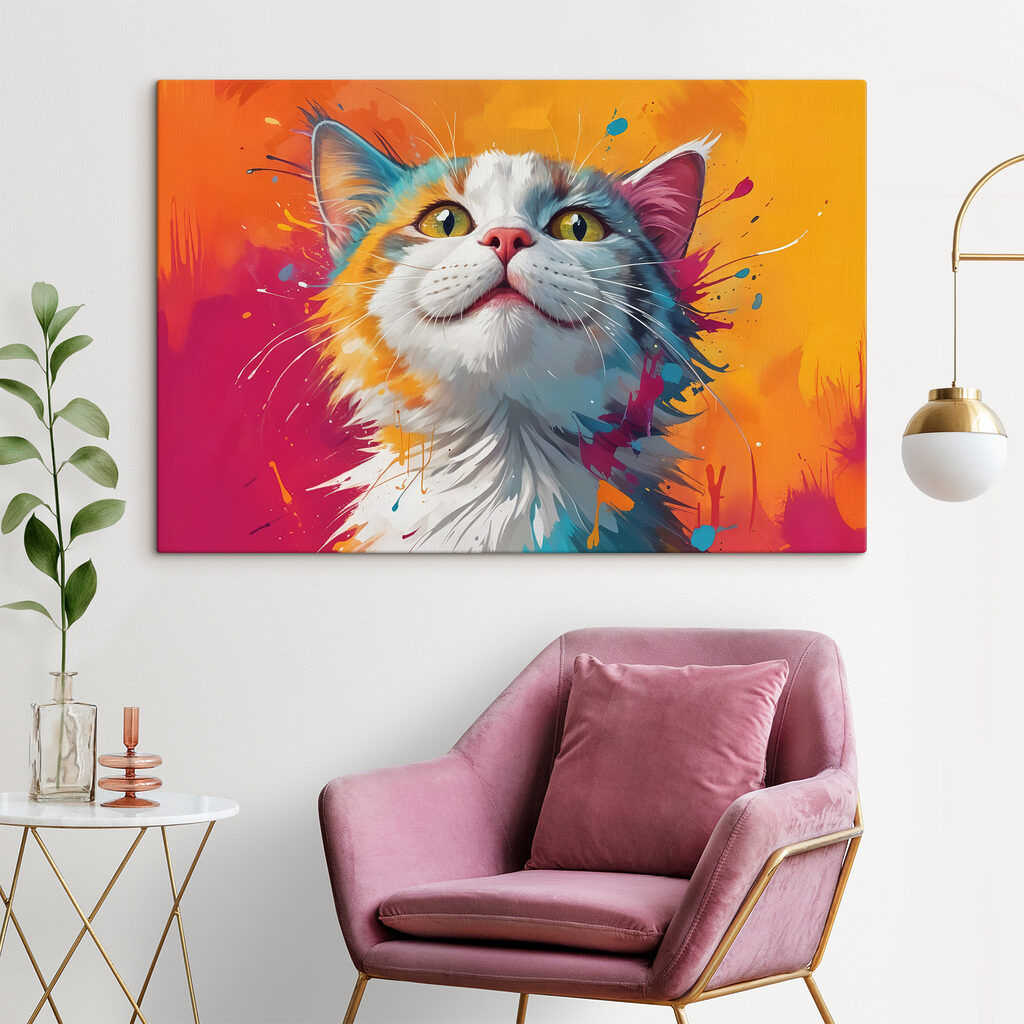 Pisică privește pete colorate într-un interior