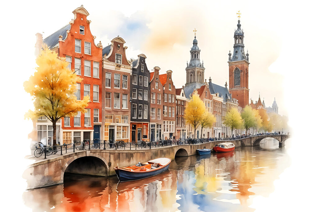 Amsterdam în acuarelă aurie — design complet